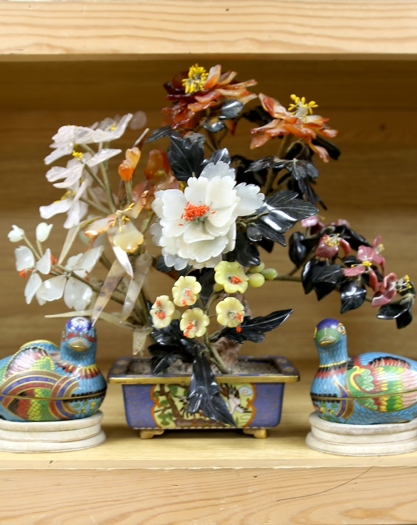 Five Chinese items including a pair of cloisonné enamel duck boxes and covers, a hardstone floral display and two dishes, largest 30cm. Condition - fair